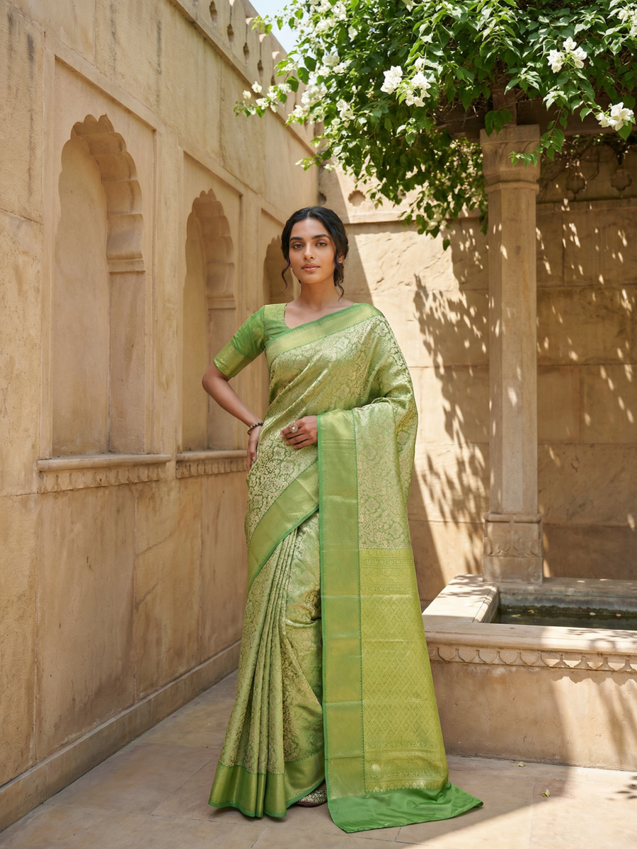 Lime Green Kanchipuram Inspired Semi Silk Saree with Self Wide Border