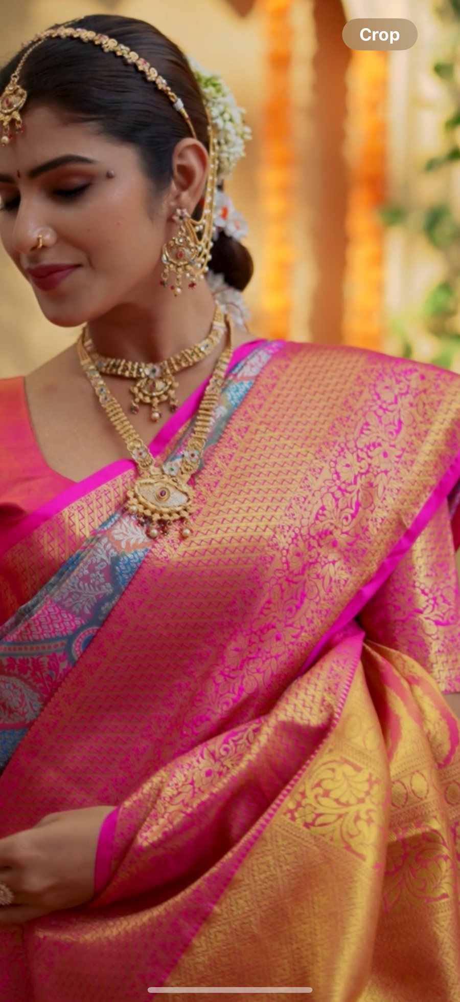 Rani Pink & Sunset Orange Kanchipuram Inspired Semi Silk Saree with Floral Zari Brocade & Gold Pallu