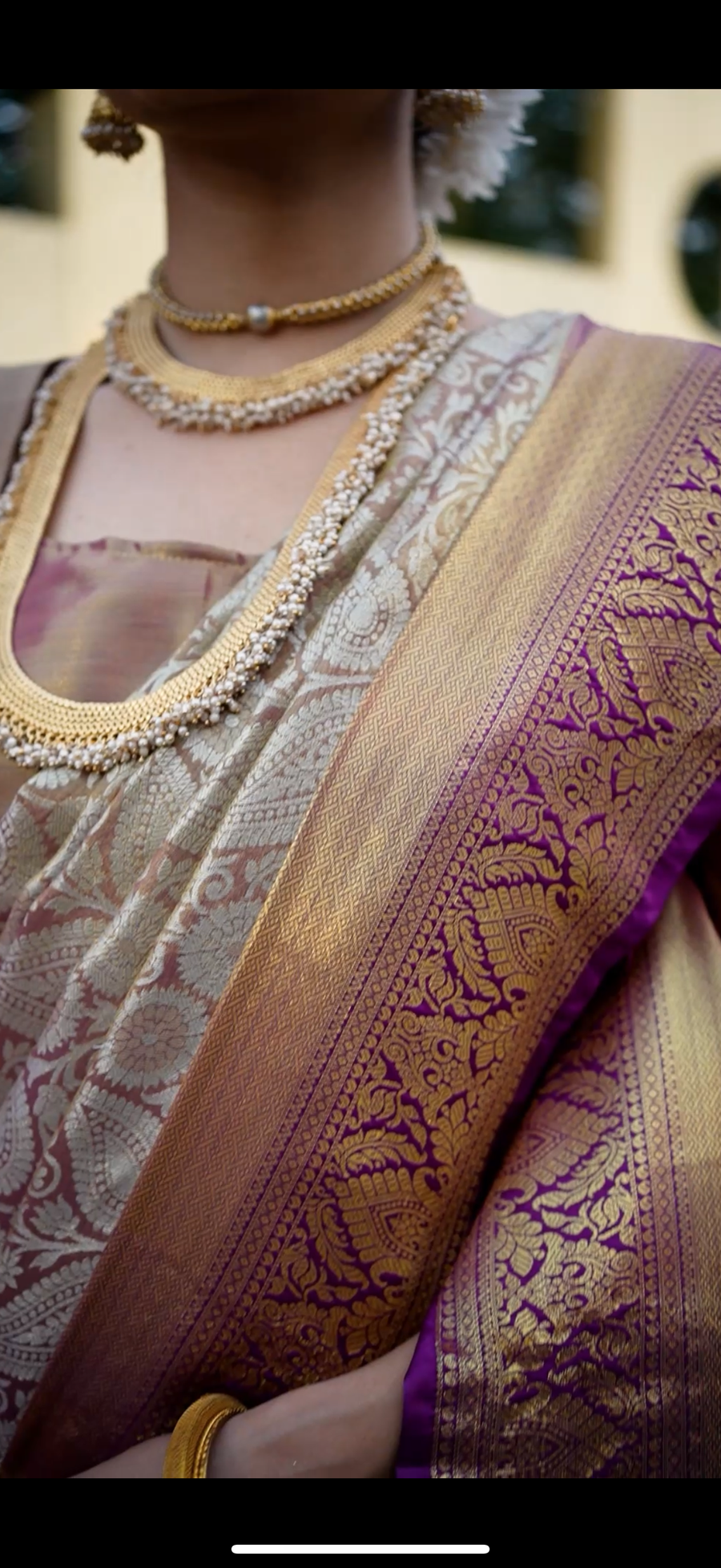 Antique Beige & Royal Purple Kanchipuram Bridal Semi Silk Saree with Floral Zari Brocade & Gold Pallu