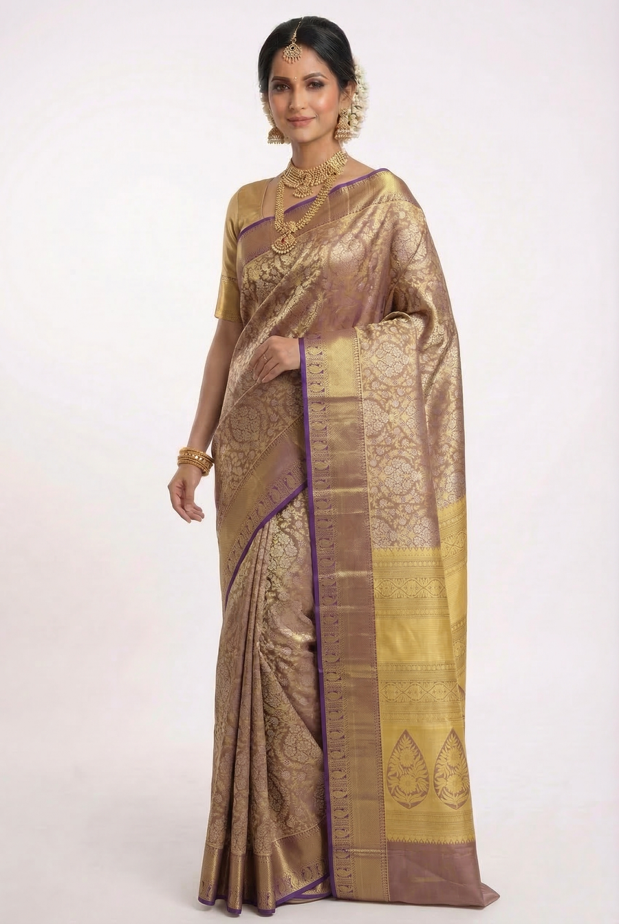Mustard Yellow Kanchipuram Inspired Semi Silk Saree with Contrast Border