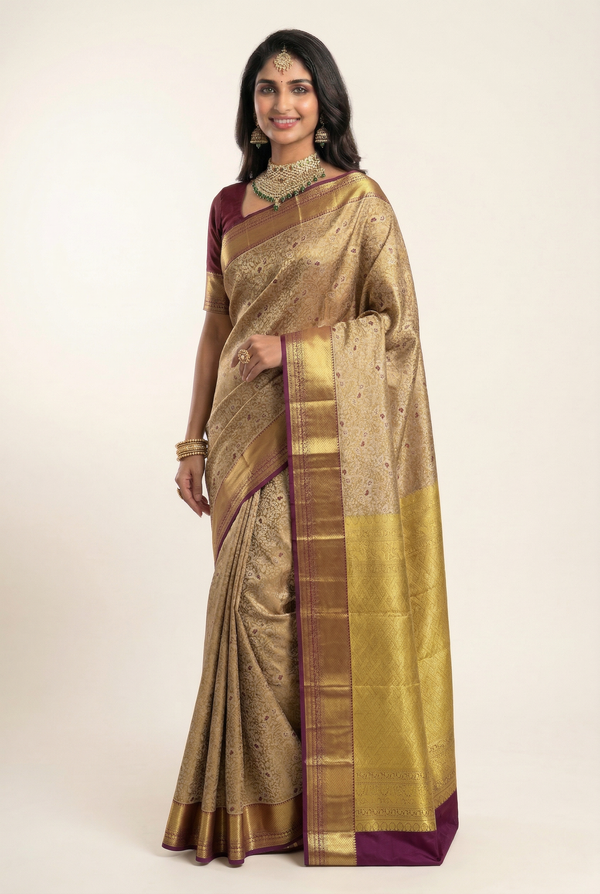 Emerald Green Kanchipuram Inspired Semi Silk Saree with Wide Contrast Border