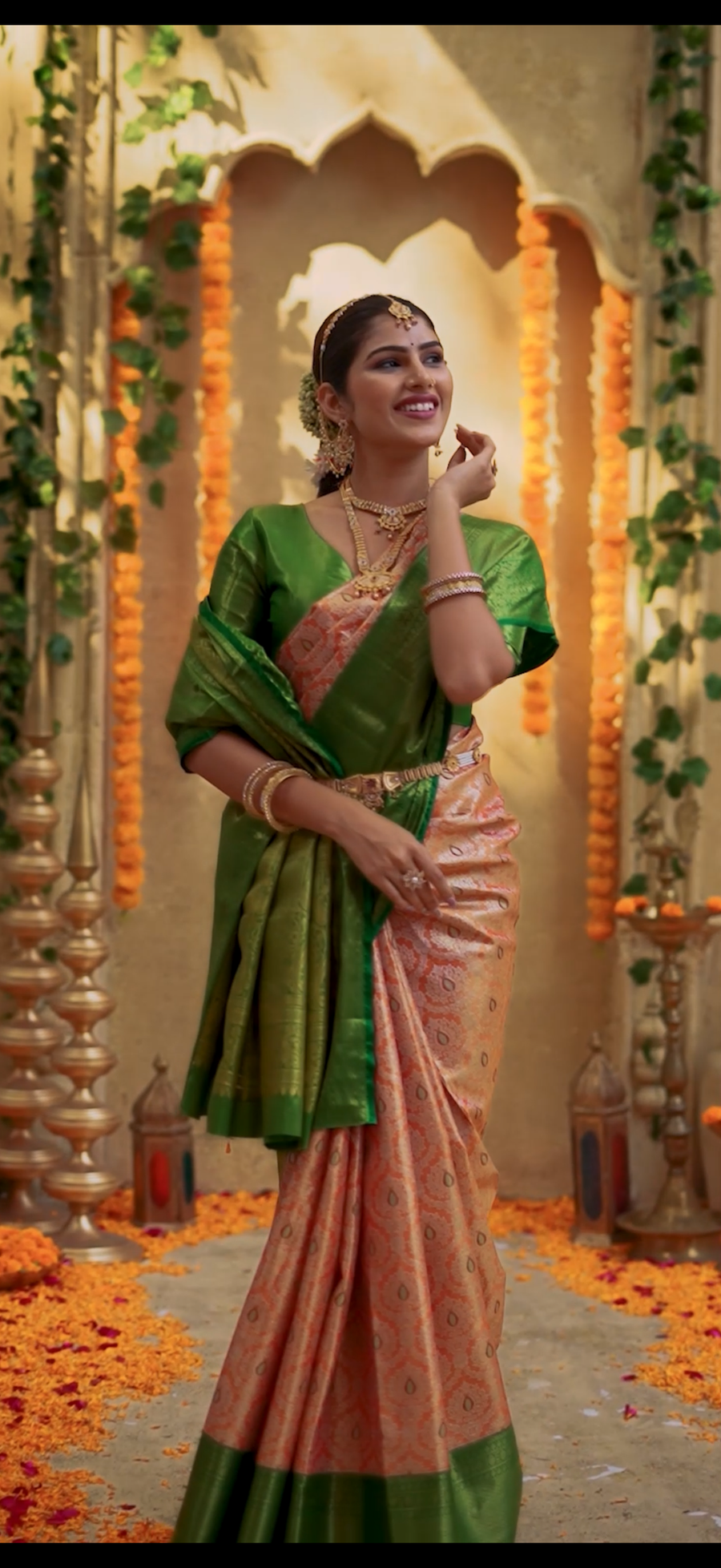 Leaf Green & Peach Kanchipuram Inspired Semi Silk Saree with Floral Brocade & Zari Border
