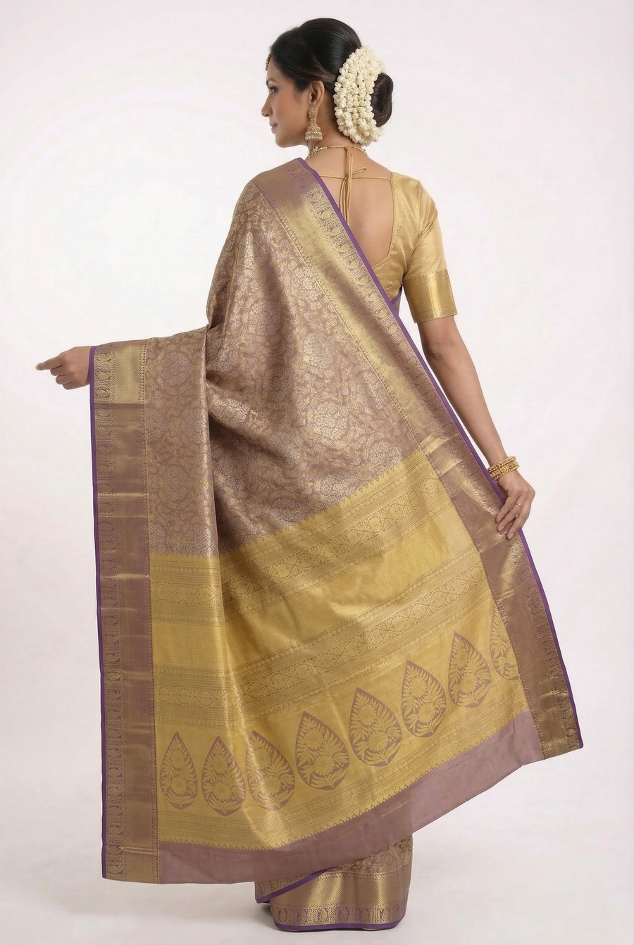 Mustard Yellow Kanchipuram Inspired Semi Silk Saree with Contrast Border