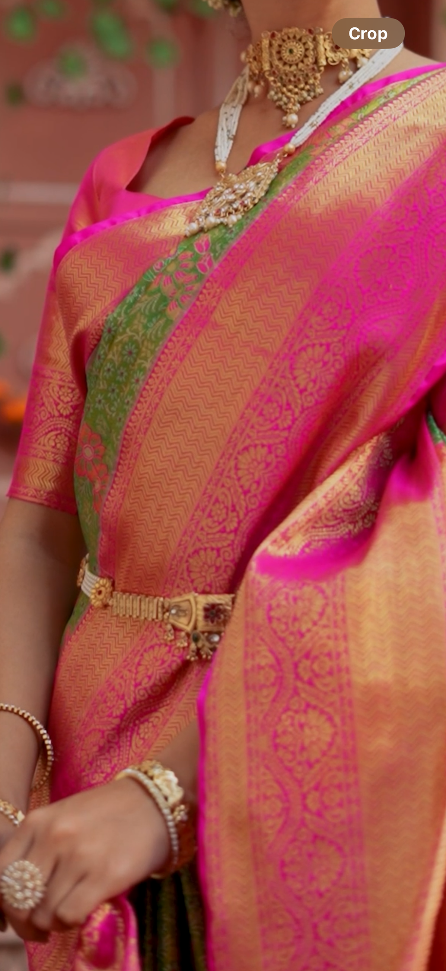 Pink & Bottle Green Kanchipuram Inspired Semi Silk Saree with Zari Butta & Rich Gold Pallu