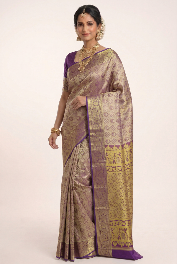 Deep Purple Dharmavaram Inspired Semi Silk Saree with Wide Contrast Border
