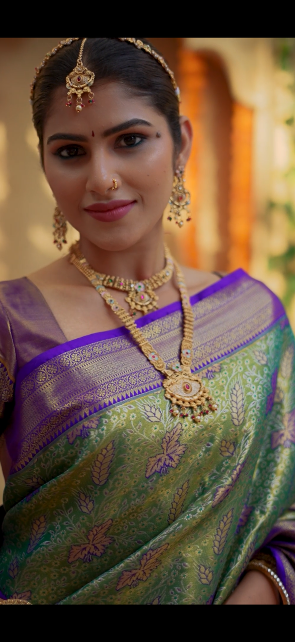 Emerald Green & Royal Purple Kanchipuram Inspired Semi Silk Saree with Zari Motifs & Gold Pallu