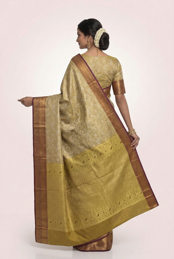 Olive Green Gadwal Inspired Semi Silk Saree with Wide Contrast Border