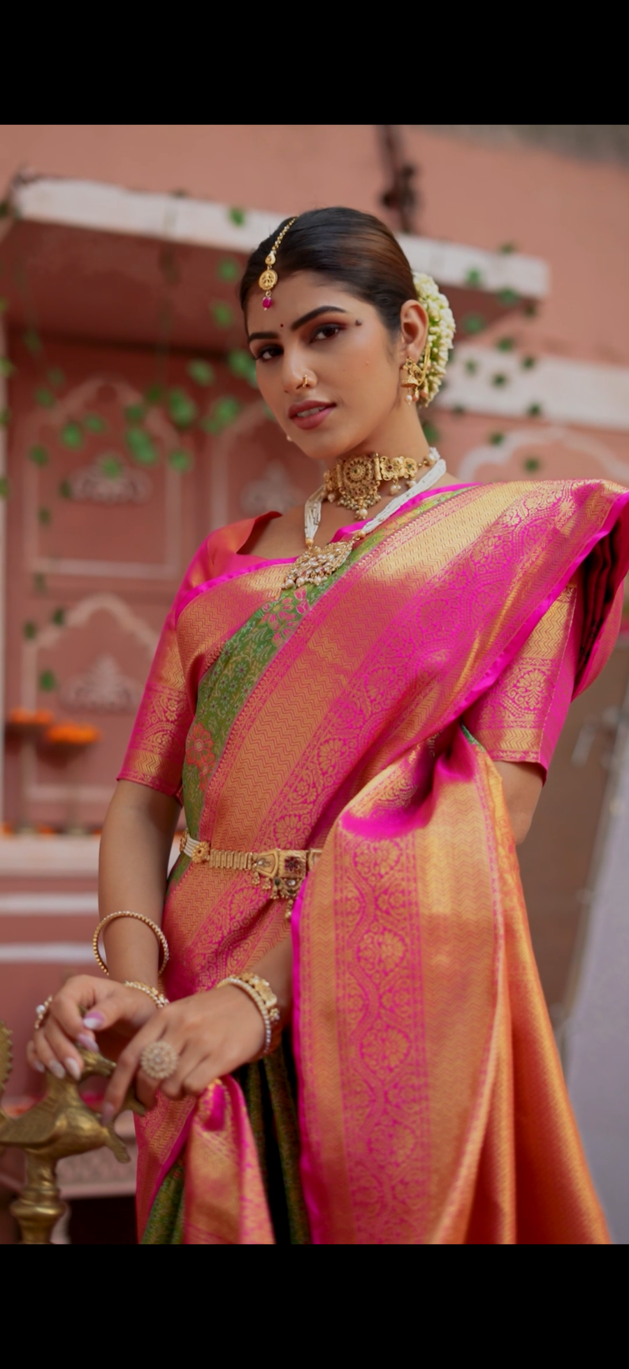 Pink & Bottle Green Kanchipuram Inspired Semi Silk Saree with Zari Butta & Rich Gold Pallu