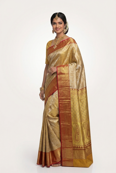 Antique Gold Kanchipuram Inspired Semi Silk Saree with Wide Contrast Border