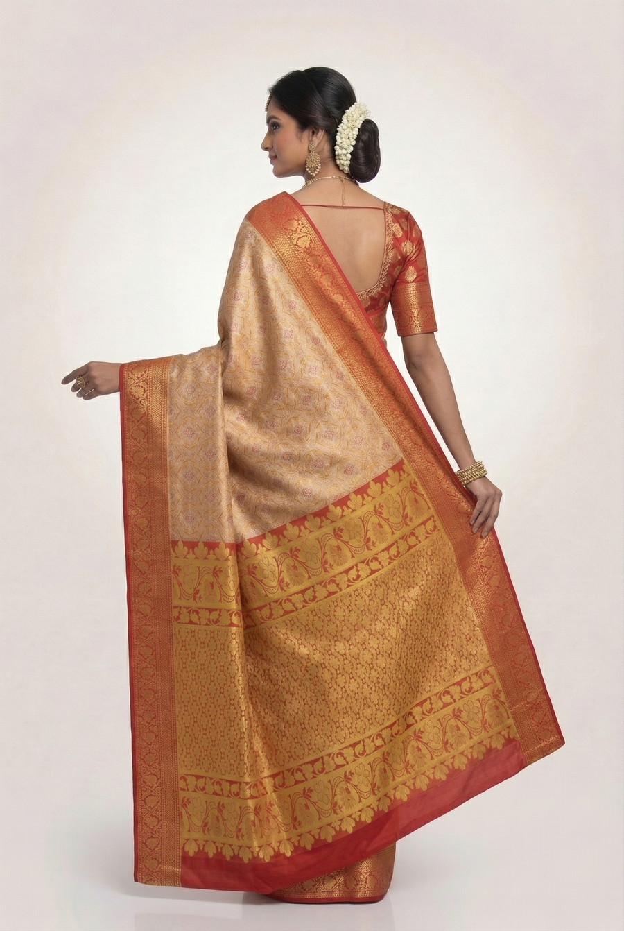 Golden Beige Kanchipuram Inspired Semi Silk Saree with Wide Contrast Border