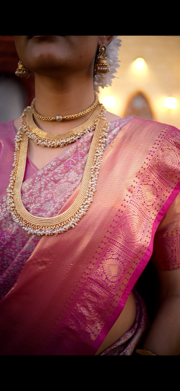 Rose Pink Kanchipuram Inspired Semi Silk Saree with Floral Zari Brocade & Bridal Pallu