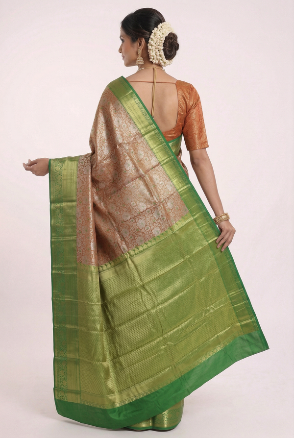 Parrot Green Dharmavaram Inspired Semi Silk Saree with Coral Brocade Pallu