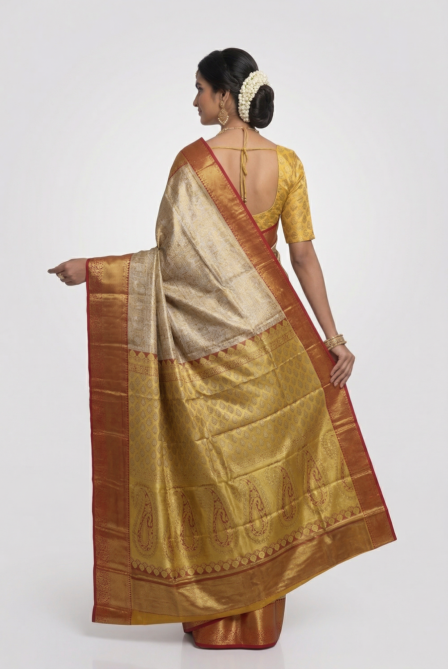 Antique Gold Kanchipuram Inspired Semi Silk Saree with Wide Contrast Border