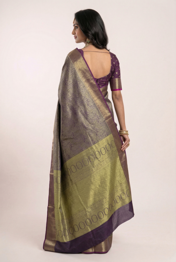 Purple Gold Dharmavaram Inspired Semi Silk Saree with Wide Contrast Border