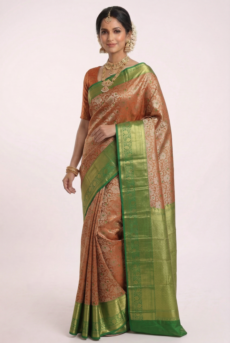 Parrot Green Dharmavaram Inspired Semi Silk Saree with Coral Brocade Pallu