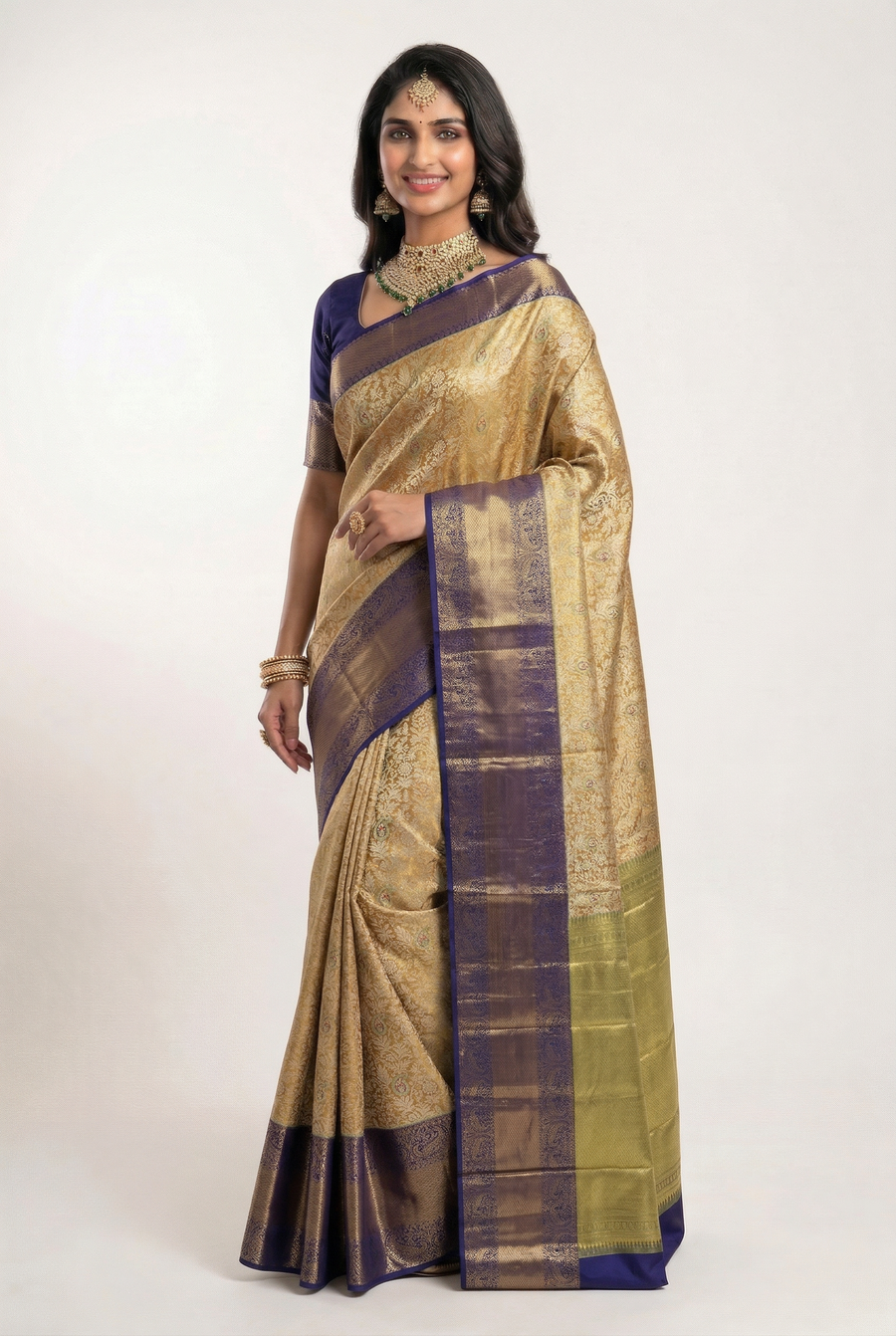 Antique Gold Kanchipuram Inspired Semi Silk Saree with Royal Blue Wide Border