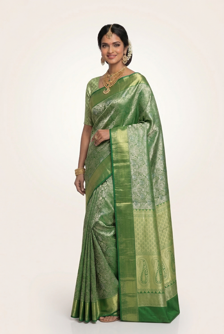 Emerald Green Dharmavaram Inspired Semi Silk Saree with Wide Self Border