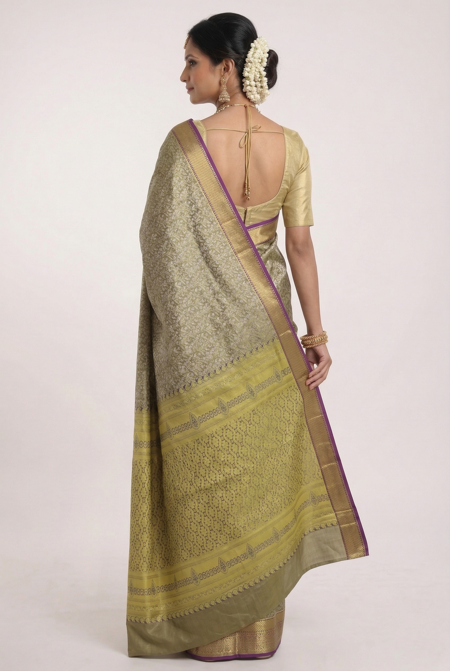 Peach Kanchipuram Inspired Semi Silk Saree with Contrast Border