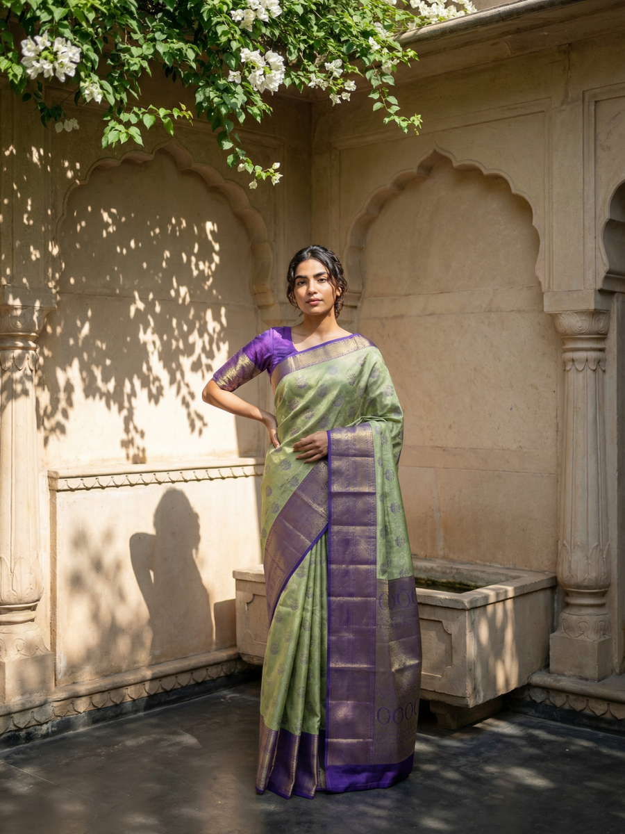 Lime Green Kanchipuram Inspired Semi Silk Saree with Wide Contrast Border