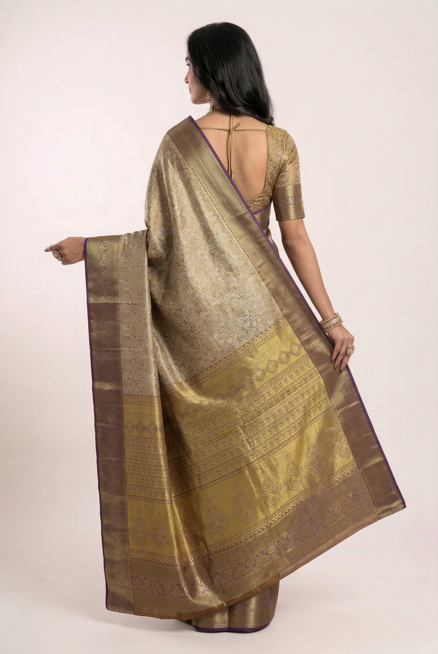 Mustard Yellow Kanchipuram Inspired Semi Silk Saree with Wide Contrast Border