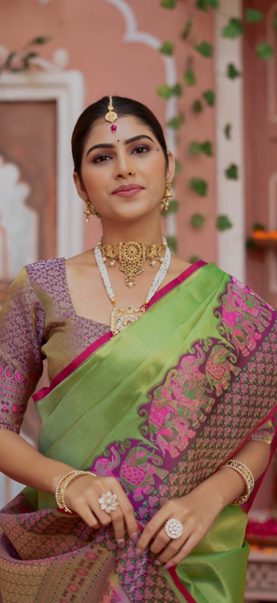 Lime Green & Magenta Kanchipuram Kalamkari Fusion Semi Silk Saree with Elephant Zari Border & Heritage Pallu