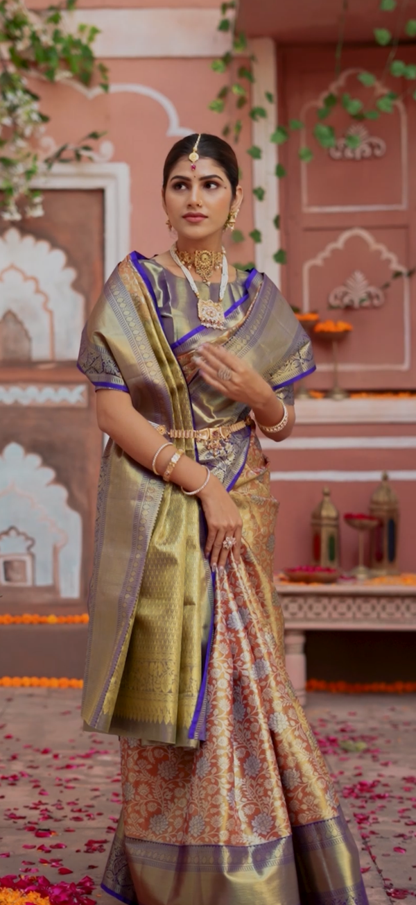 Olive Gold & Royal Blue Gadwal Inspired Semi Silk Saree with Brocade Pleats & Rich Zari Pallu