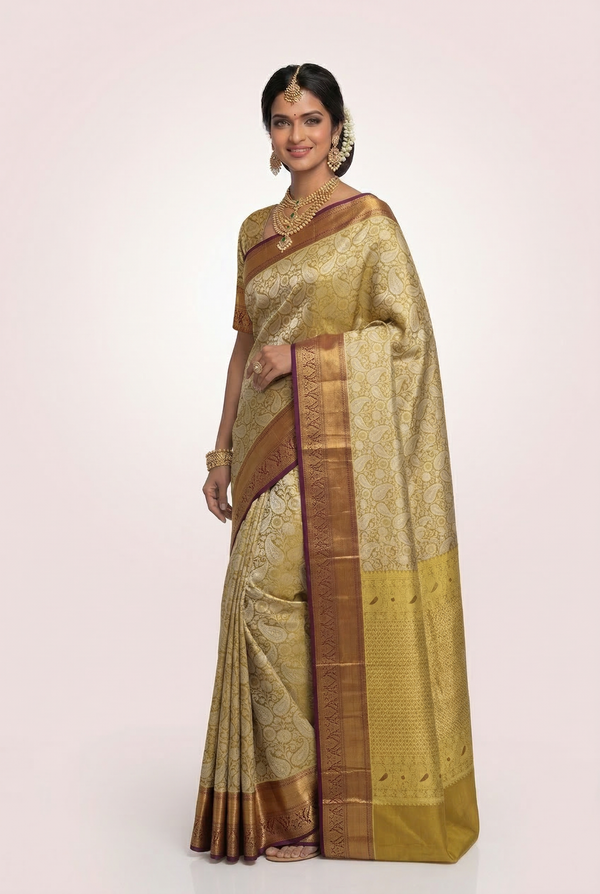 Olive Green Gadwal Inspired Semi Silk Saree with Wide Contrast Border