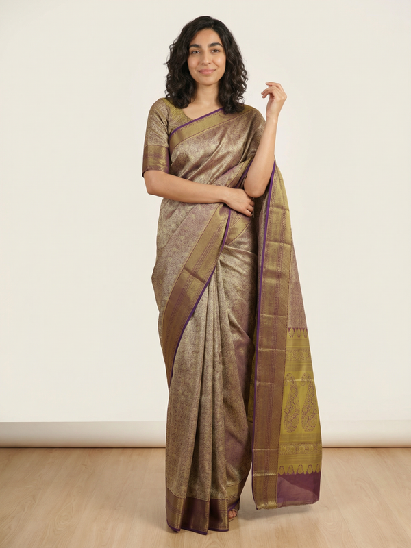 Beige Gold Kanchipuram Inspired Semi Silk Saree with Wide Contrast Border
