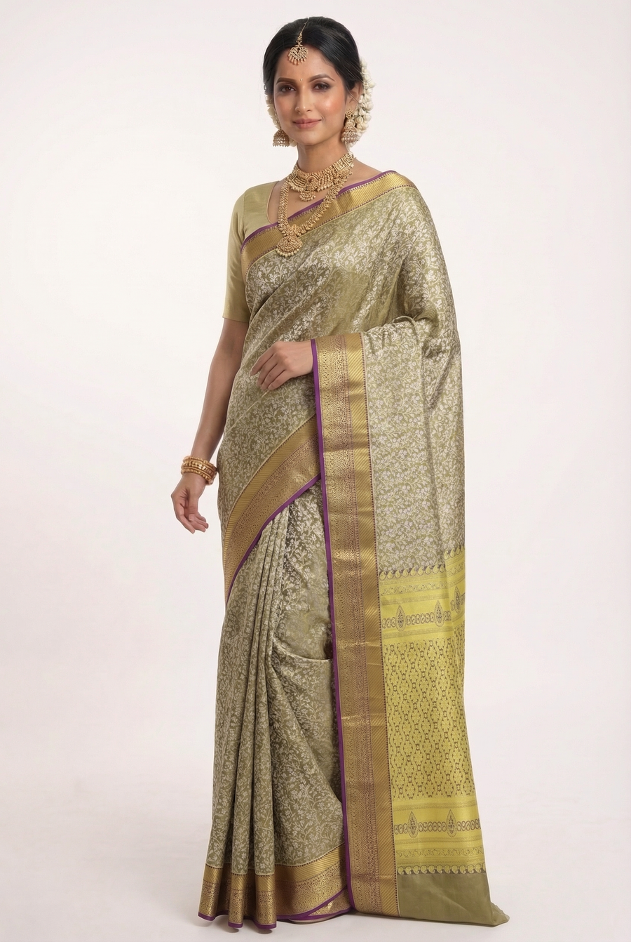 Peach Kanchipuram Inspired Semi Silk Saree with Contrast Border