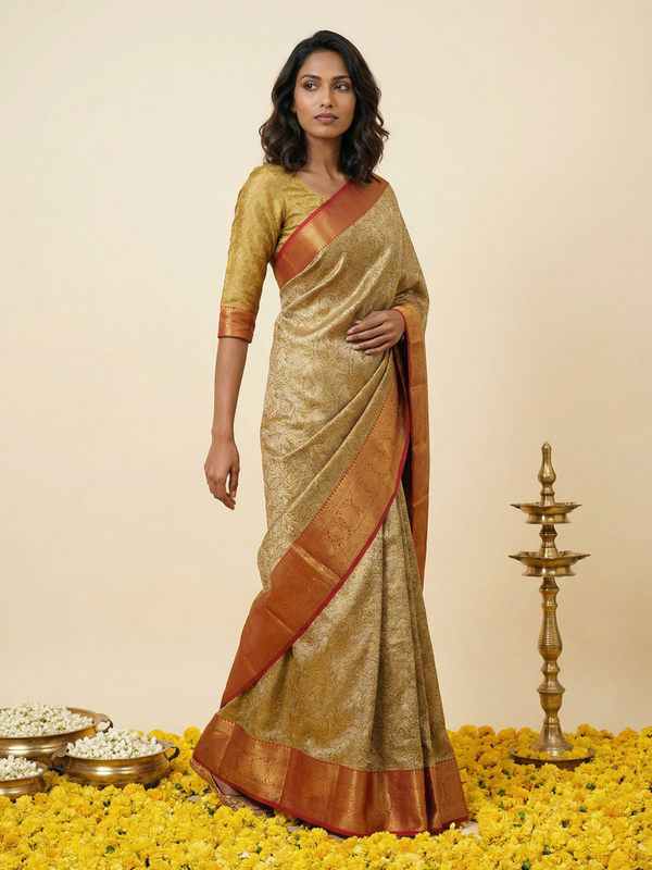 Olive Green Gadwal Inspired Semi Silk Saree with Contrast Border