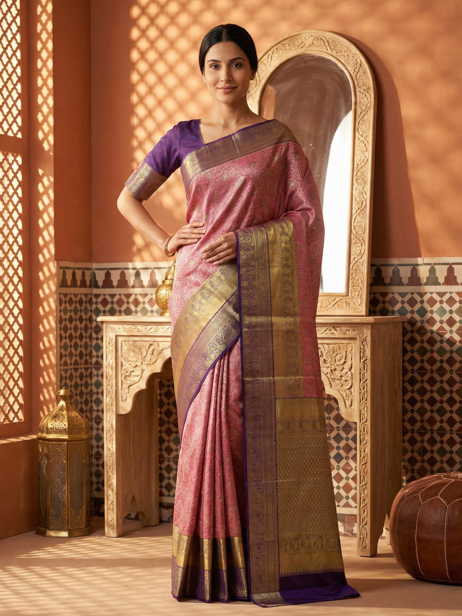 Parrot Green Dharmavaram Inspired Semi Silk Saree with Wide Contrast Border