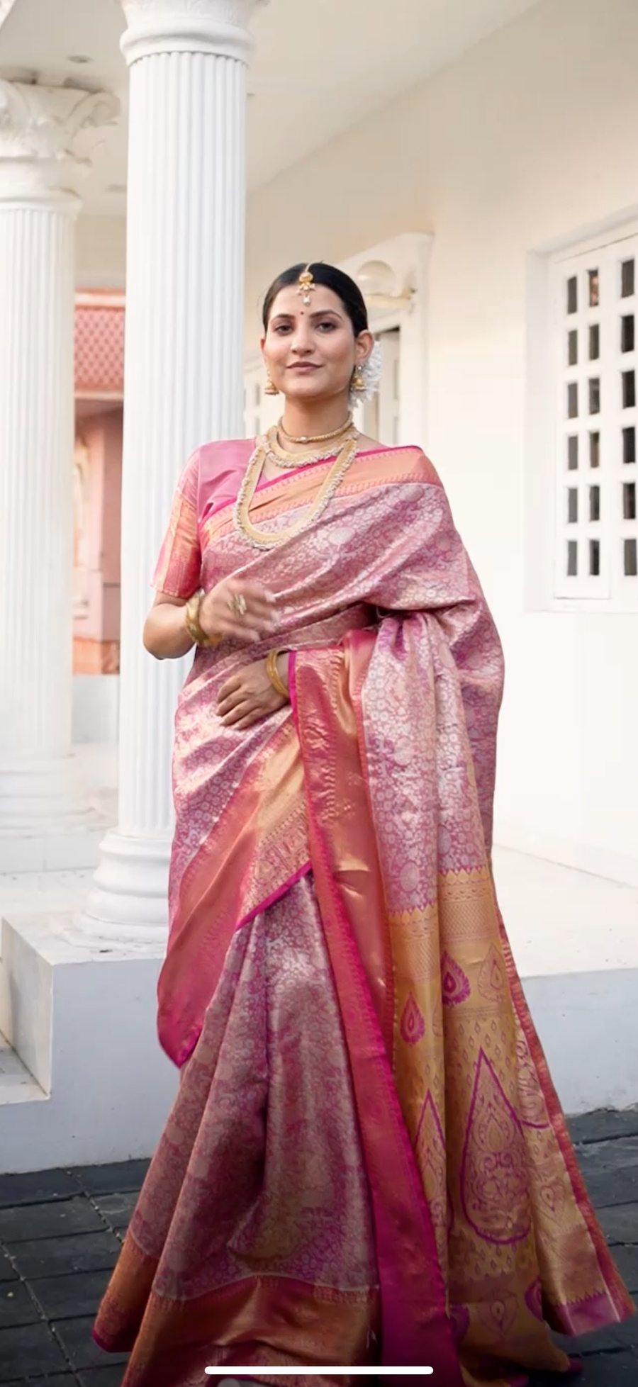 Rose Pink Kanchipuram Inspired Semi Silk Saree with Floral Zari Brocade & Bridal Pallu