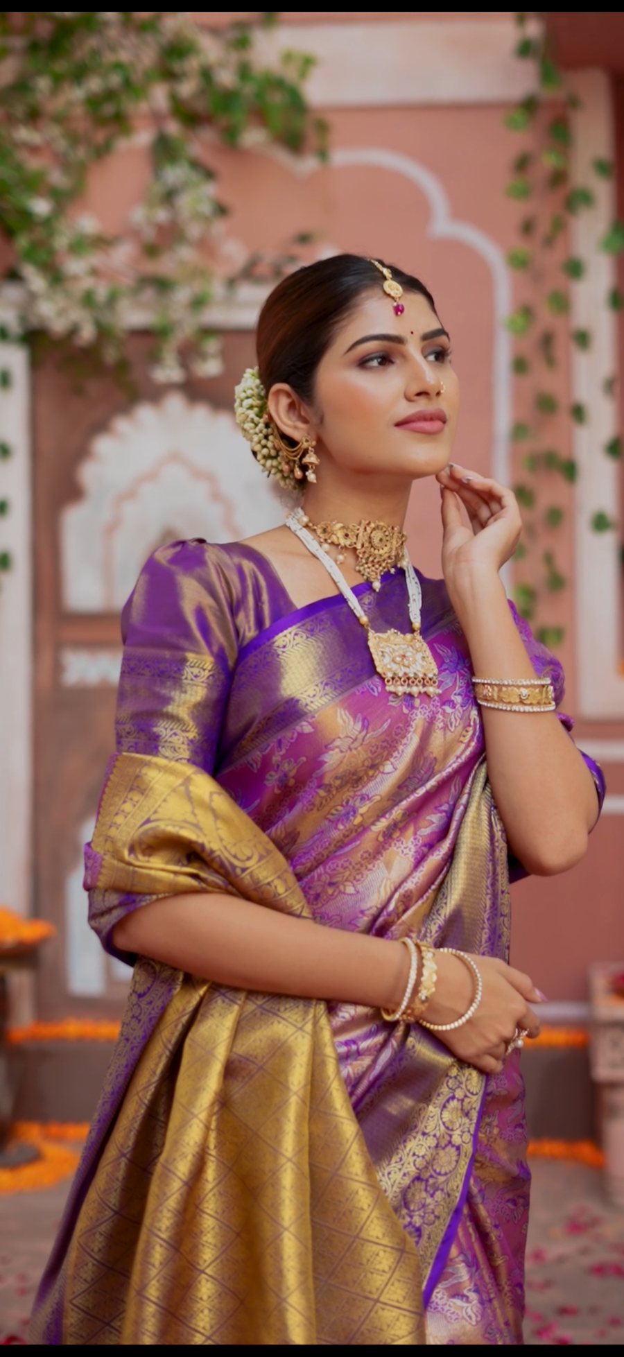 Royal Purple Kanchipuram Semi Silk Saree with Floral Zari Brocade & Antique Gold Border