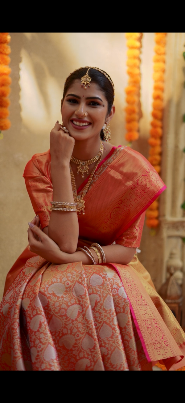 Warm Orange & Rani Pink Kanchipuram Inspired Semi Silk Saree with Floral Brocade & Rich Gold Pallu