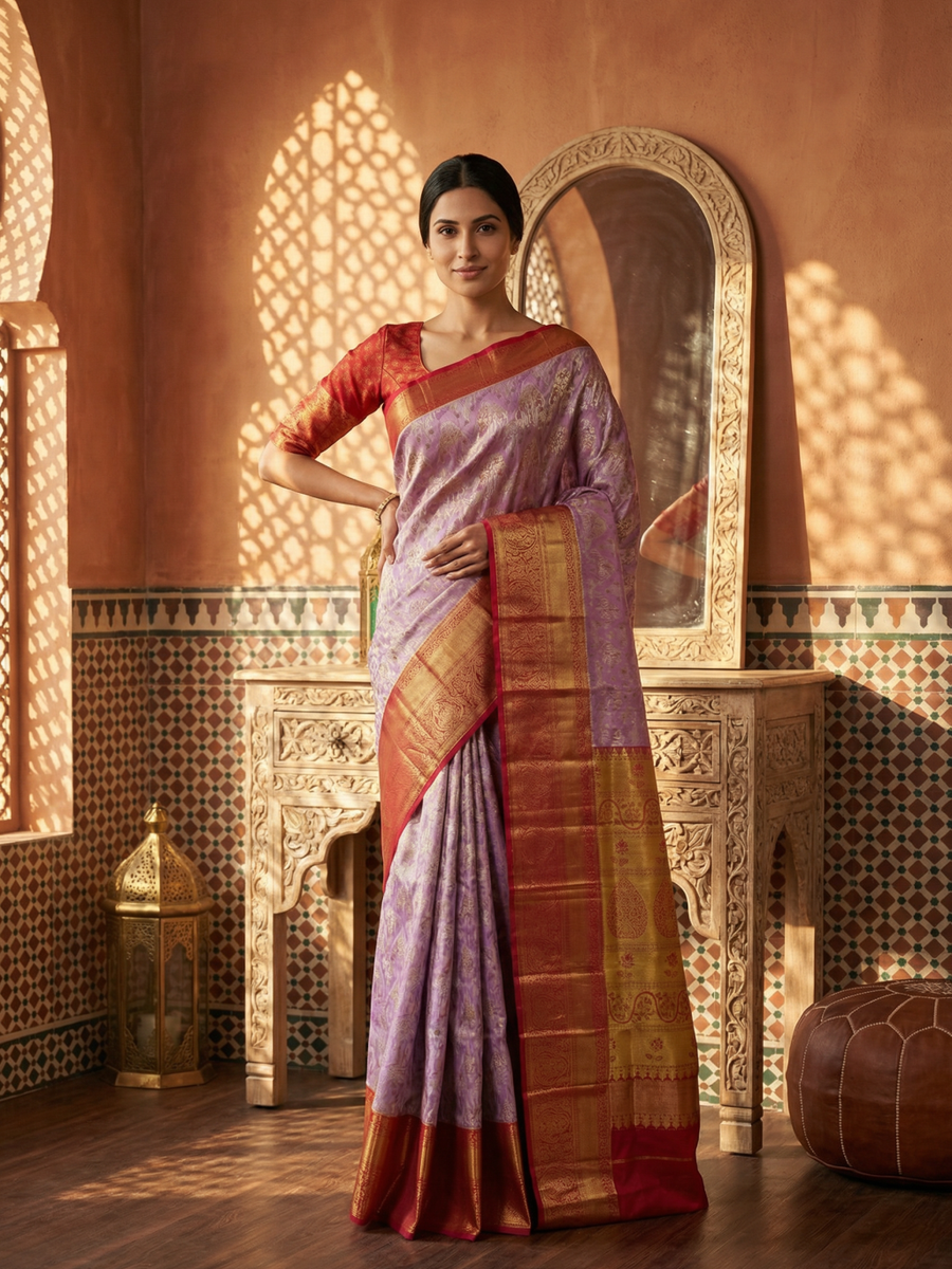 Pink Kanchipuram Inspired Semi Silk Saree with Wide Contrast Border